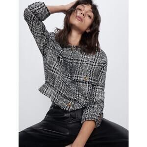 Zara Women's Black White Plaid Tweed Long Sleeve Crew Neck Coat Jacket Top S